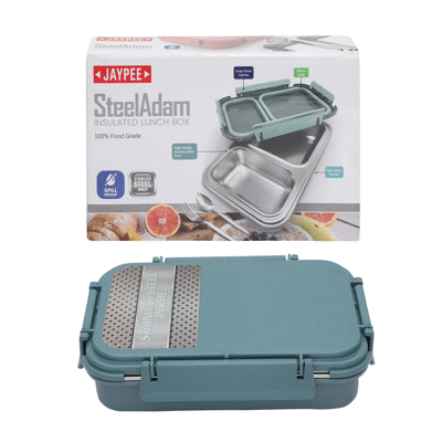 JAYPEE SteelAdam Insulated Two Cavity Lunch Box Stainless Steel Lunch Box for Kids Suitable for School Offices and picnics Peacock Plume 600 ml
