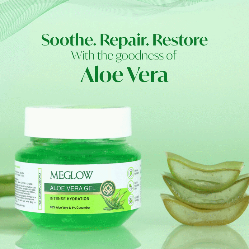 Meglow Aloe Vera Gel for intense hydration | Get soft, smooth and nourished skin. Pure aloevera gel with cucumber extracts | Naturally hydrating and skin moisturizing gel 100 grams