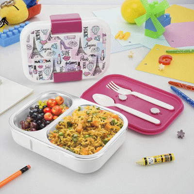 Nayasa Marco 2 Compartment Stainless Steel Insulated Lunch Box for Kids Girls | Paris Print | Vacuum Sealed Leak Proof Tiffin Box | 650 ml | White