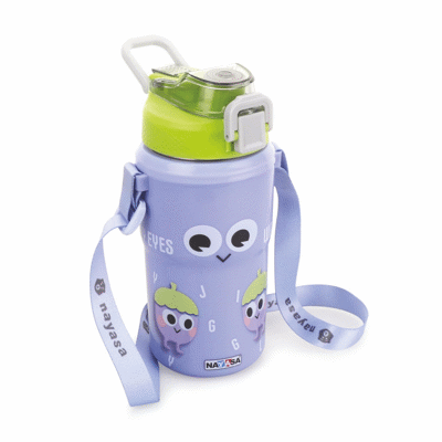 ayasa Duo-Sip Kids Insulated Water Bottle 450ml | Dual Drinking Mode | BPA-Free & Food Grade | Brinjal Print | With Strap, Handle & Neck Band | Leakproof Bottle for School - Lavender