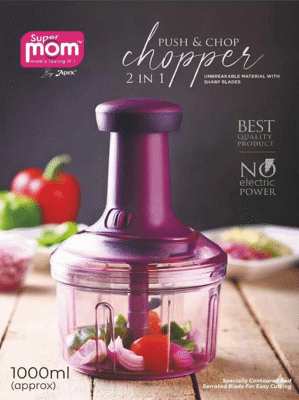 Super Mom Push & Chop Chopper | 1000ml Manual Food Processor | No Electric Power Beating & Chopping Blades | Unbreakable Material | Sharp Blades | Perfect for Onions, Garlic, Fruits, Vegetable