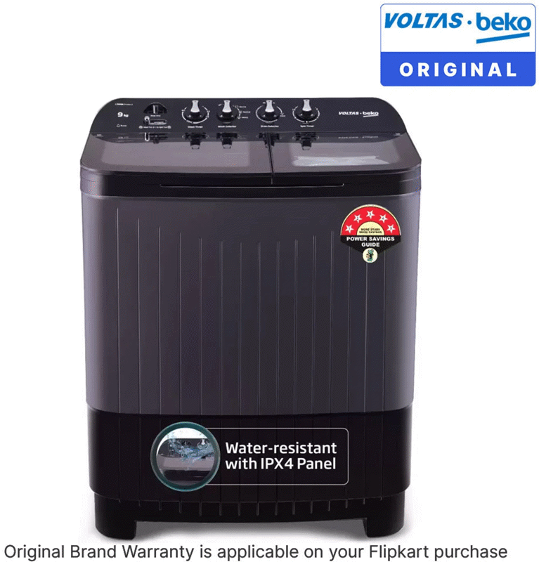 Voltas Beko 9 kg washing machine with Soft Closing door, Water proof IPX4 protection, Special Pulsator and Double Waterfall Semi Automatic Top Load Black, Grey (WTT90UDX/BKGR4KGTD)